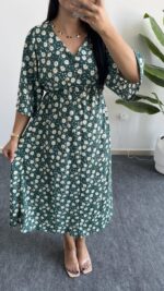 Oria Papatya Desenli Çan Elbise - Yeşil - Görsel 6