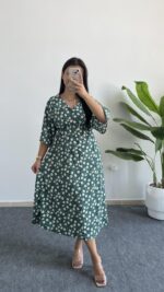 Oria Papatya Desenli Çan Elbise - Yeşil