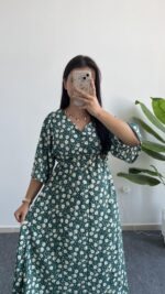 Oria Papatya Desenli Çan Elbise - Yeşil - Görsel 5