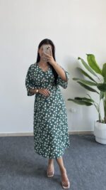 Oria Papatya Desenli Çan Elbise - Yeşil - Görsel 2