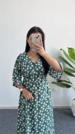 Oria Papatya Desenli Çan Elbise - Yeşil - Görsel 4