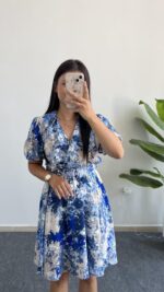 Otia Kemerli Viskon Elbise - Mavi - Görsel 5