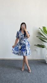 Otia Kemerli Viskon Elbise - Mavi