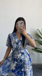 Otia Kemerli Viskon Elbise - Mavi - Görsel 6