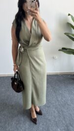 Palma Kruvaze Yaka Anvelop Elbise - Haki - Görsel 6