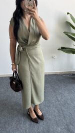 Palma Kruvaze Yaka Anvelop Elbise - Haki - Görsel 7