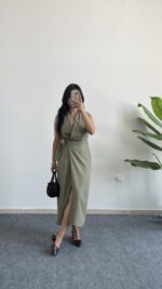 Palma Kruvaze Yaka Anvelop Elbise - Haki