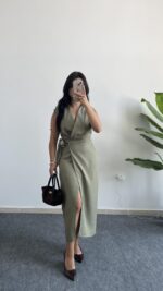 Palma Kruvaze Yaka Anvelop Elbise - Haki - Görsel 5