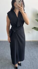 Palma Kruvaze Yaka Anvelop Elbise - Siyah - Görsel 4