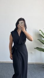 Palma Kruvaze Yaka Anvelop Elbise - Siyah - Görsel 2