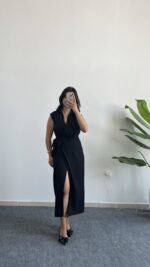 Palma Kruvaze Yaka Anvelop Elbise - Siyah - Görsel 5