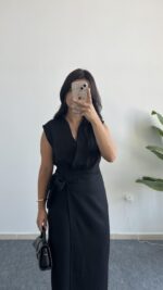 Palma Kruvaze Yaka Anvelop Elbise - Siyah - Görsel 3