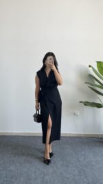 Palma Kruvaze Yaka Anvelop Elbise - Siyah - Görsel 6