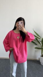 Pamira Gold Düğmeli Asansör Kol Oversize Gömlek - Pembe - Görsel 4