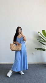 Parteo Askılı Salaş Elbise - Mavi
