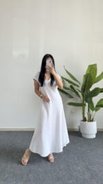 Pera %100 Pamuk Asimetrik Sihirli Elbise- Beyaz - Görsel 4