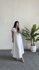 Pera %100 Pamuk Asimetrik Sihirli Elbise- Beyaz - Görsel 2