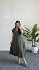 Pera %100 Pamuk Asimetrik Sihirli Elbise - Haki - Görsel 3