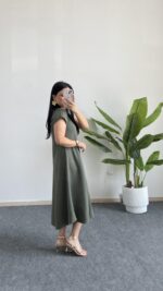 Pera %100 Pamuk Asimetrik Sihirli Elbise - Haki - Görsel 5