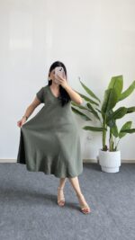 Pera %100 Pamuk Asimetrik Sihirli Elbise - Haki - Görsel 6