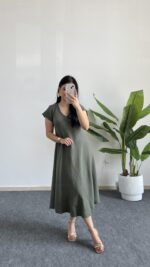 Pera %100 Pamuk Asimetrik Sihirli Elbise - Haki