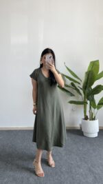 Pera %100 Pamuk Asimetrik Sihirli Elbise - Haki - Görsel 2