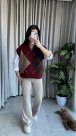 Premium Baklava Desen Bordo Süveter