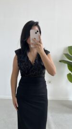 Pul Payet Kruvaze Anvelop Elbise - Siyah - Görsel 2