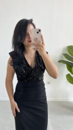 Pul Payet Kruvaze Anvelop Elbise - Siyah - Görsel 7