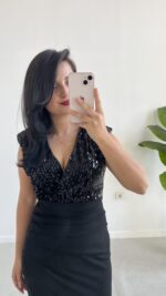 Pul Payet Kruvaze Anvelop Elbise - Siyah - Görsel 5