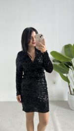 Pul Payet Kruvaze Elbise - Siyah - Görsel 2