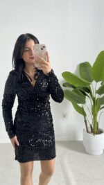 Pul Payet Kruvaze Elbise - Siyah - Görsel 6