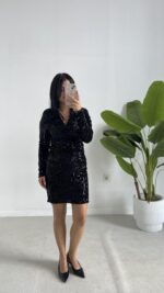 Pul Payet Kruvaze Elbise - Siyah