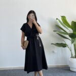 Rona Hasır Kemerli Kruvaze Midi Elbise - Siyah