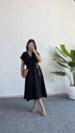 Rona Hasır Kemerli Kruvaze Midi Elbise - Siyah