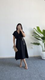 Rona Hasır Kemerli Kruvaze Midi Elbise - Siyah - Görsel 8