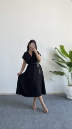 Rona Hasır Kemerli Kruvaze Midi Elbise - Siyah - Görsel 9