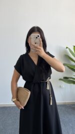 Rona Hasır Kemerli Kruvaze Midi Elbise - Siyah - Görsel 4