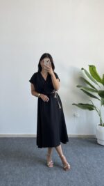 Rona Hasır Kemerli Kruvaze Midi Elbise - Siyah - Görsel 5