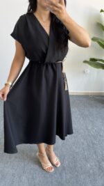 Rona Hasır Kemerli Kruvaze Midi Elbise - Siyah - Görsel 6