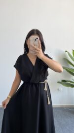 Rona Hasır Kemerli Kruvaze Midi Elbise - Siyah - Görsel 3