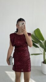 Rosita Sırt Dekolteli Pul Payet Mini Elbise -Bordo