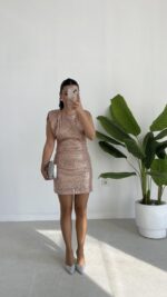 Rosita Sırt Dekolteli Pul Payet Mini Elbise - Yavruağzı - Görsel 5