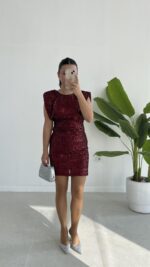 Rosita Sırt Dekolteli Pul Payet Mini Elbise -Bordo - Görsel 2
