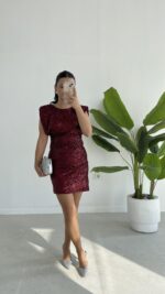 Rosita Sırt Dekolteli Pul Payet Mini Elbise -Bordo - Görsel 4