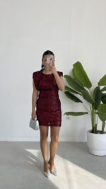 Rosita Sırt Dekolteli Pul Payet Mini Elbise -Bordo - Görsel 6