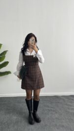 Rox Gömlek Detaylı Ekose Elbise - Kahve-Yeşil