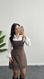 Rox Gömlek Detaylı Ekose Elbise - Kahve-Yeşil - Görsel 7