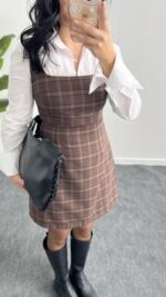 Rox Gömlek Detaylı Ekose Elbise - Kahve-Yeşil - Görsel 8