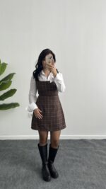 Rox Gömlek Detaylı Ekose Elbise - Kahve-Yeşil - Görsel 4